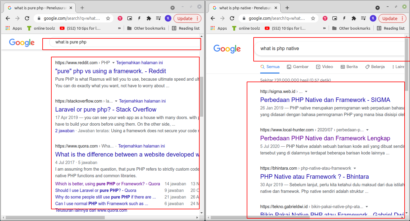 Hasil pencarian google mengenai PHP Native dan Pure PHP
